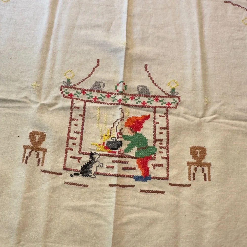 Vtg Tablecloth Embroidered Christmas Gnome Folk Art Linen 49x54 Scandinavian